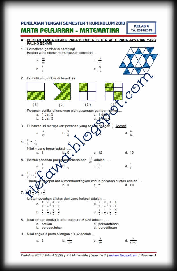 contoh soal pecahan kelas 4